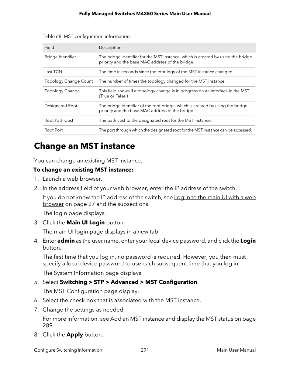 Change an mst instance | NETGEAR M4350-24F4V 24-Port 10G SFP+ Managed AV Network Switch User Manual | Page 291 / 971