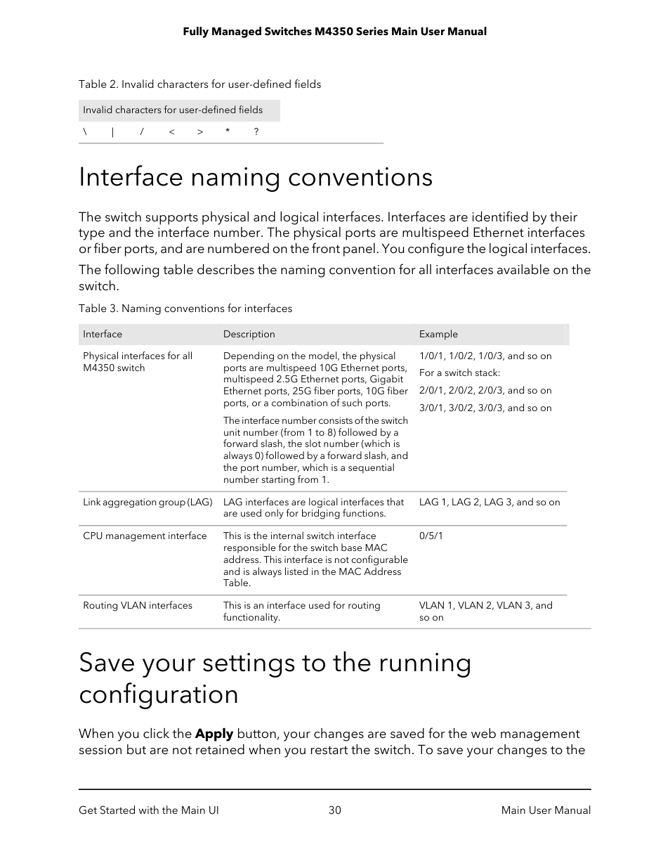 Interface naming conventions, Save your settings to the running configuration | NETGEAR M4350-24F4V 24-Port 10G SFP+ Managed AV Network Switch User Manual | Page 30 / 971