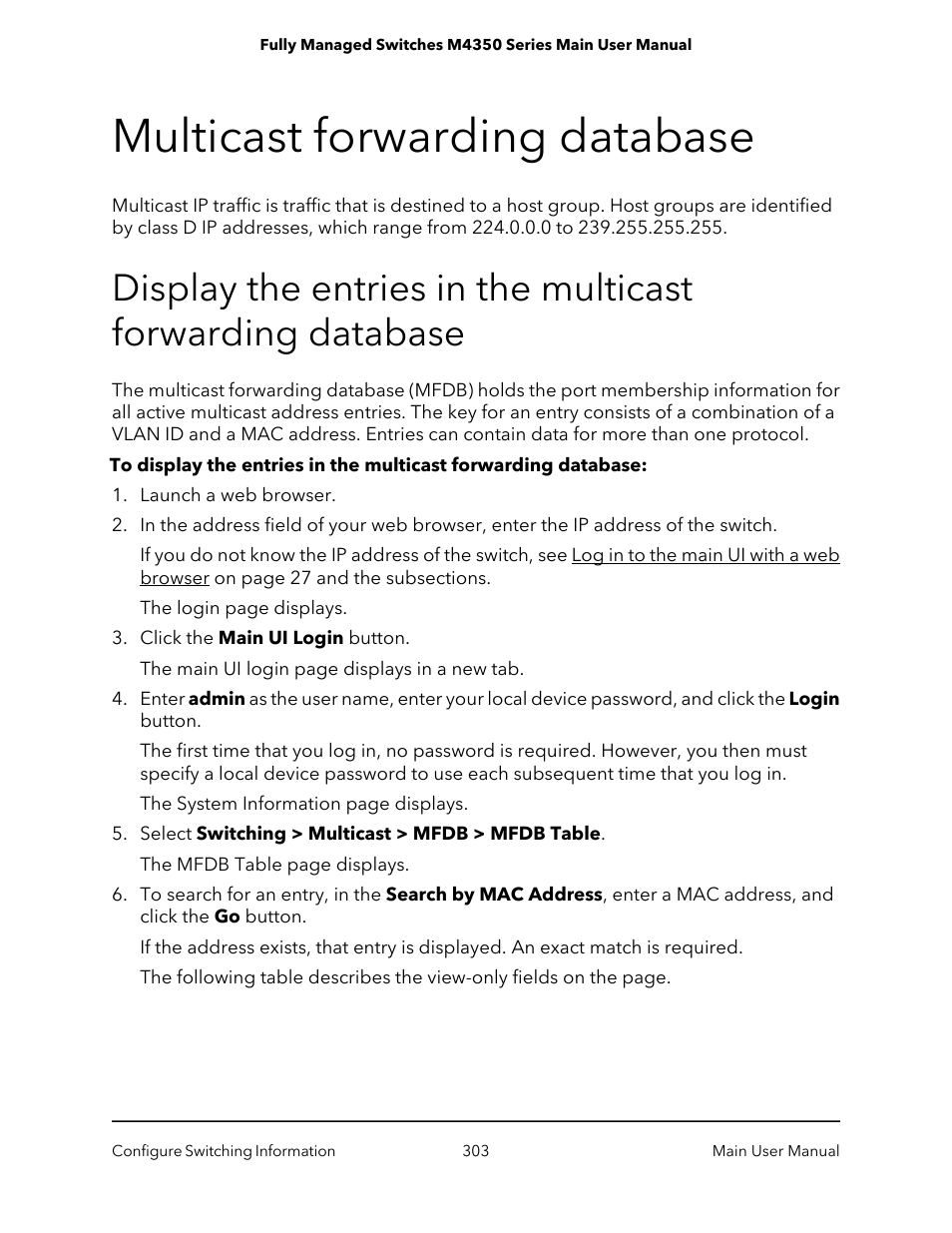 Multicast forwarding database | NETGEAR M4350-24F4V 24-Port 10G SFP+ Managed AV Network Switch User Manual | Page 303 / 971