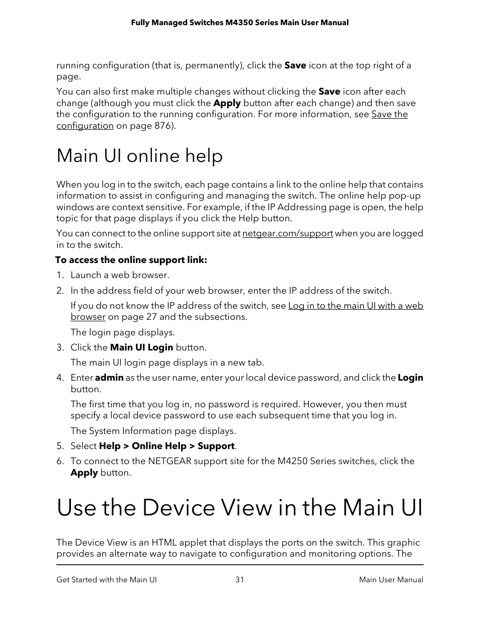 Main ui online help, Use the device view in the main ui | NETGEAR M4350-24F4V 24-Port 10G SFP+ Managed AV Network Switch User Manual | Page 31 / 971