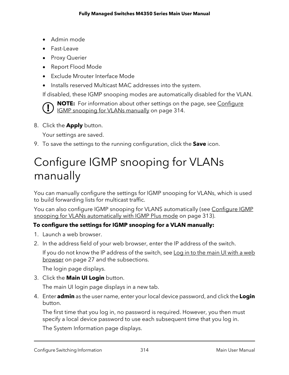 Configure igmp snooping for vlans manually | NETGEAR M4350-24F4V 24-Port 10G SFP+ Managed AV Network Switch User Manual | Page 314 / 971