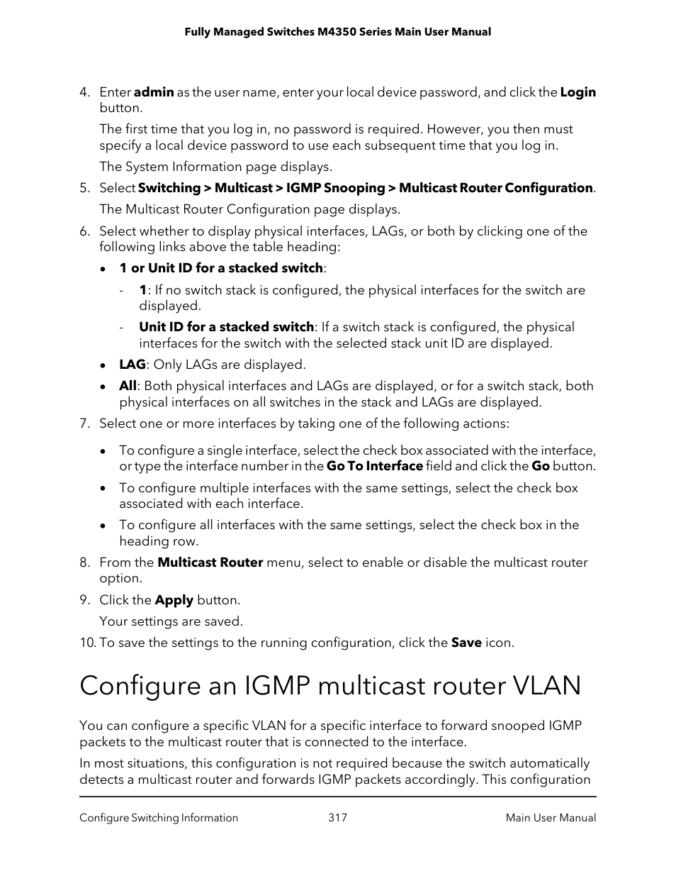 Configure an igmp multicast router vlan | NETGEAR M4350-24F4V 24-Port 10G SFP+ Managed AV Network Switch User Manual | Page 317 / 971