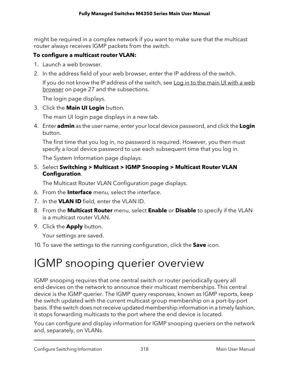 Igmp snooping querier overview | NETGEAR M4350-24F4V 24-Port 10G SFP+ Managed AV Network Switch User Manual | Page 318 / 971