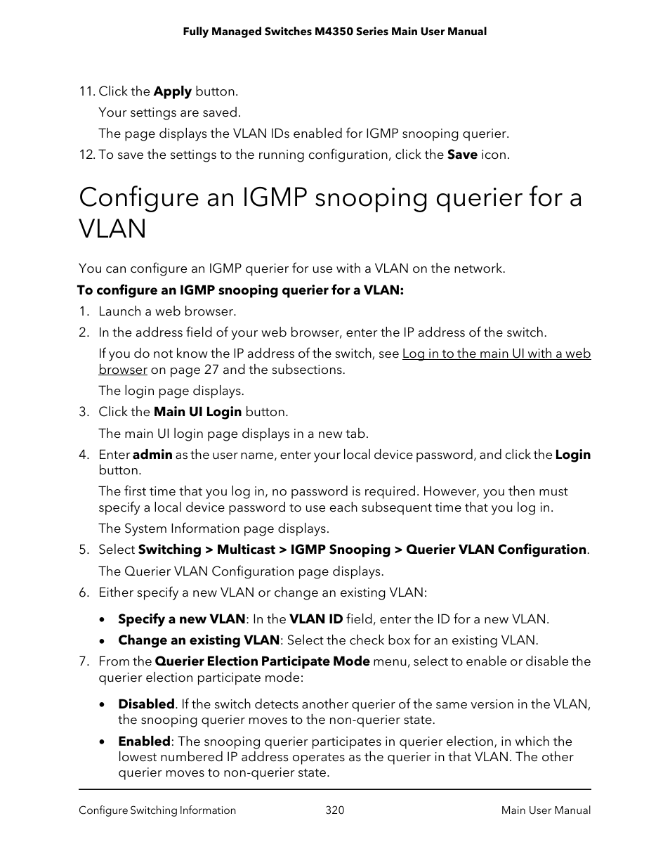 Configure an igmp snooping querier for a vlan | NETGEAR M4350-24F4V 24-Port 10G SFP+ Managed AV Network Switch User Manual | Page 320 / 971