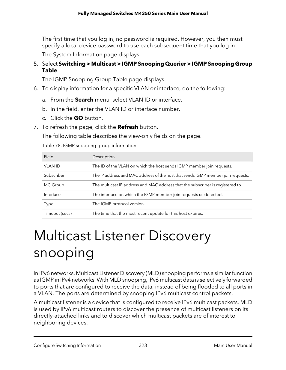 Multicast listener discovery snooping | NETGEAR M4350-24F4V 24-Port 10G SFP+ Managed AV Network Switch User Manual | Page 323 / 971