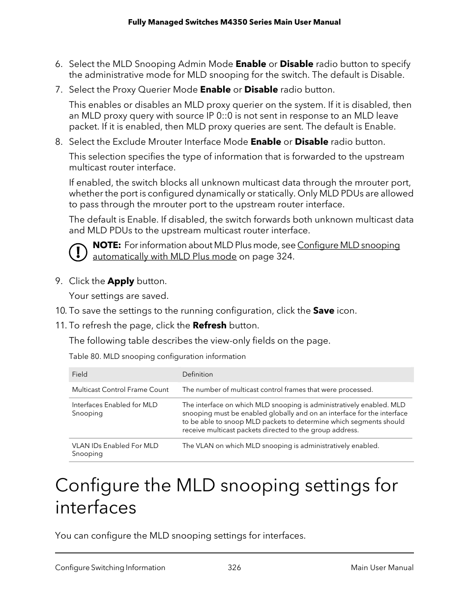 Configure the mld snooping settings for interfaces | NETGEAR M4350-24F4V 24-Port 10G SFP+ Managed AV Network Switch User Manual | Page 326 / 971