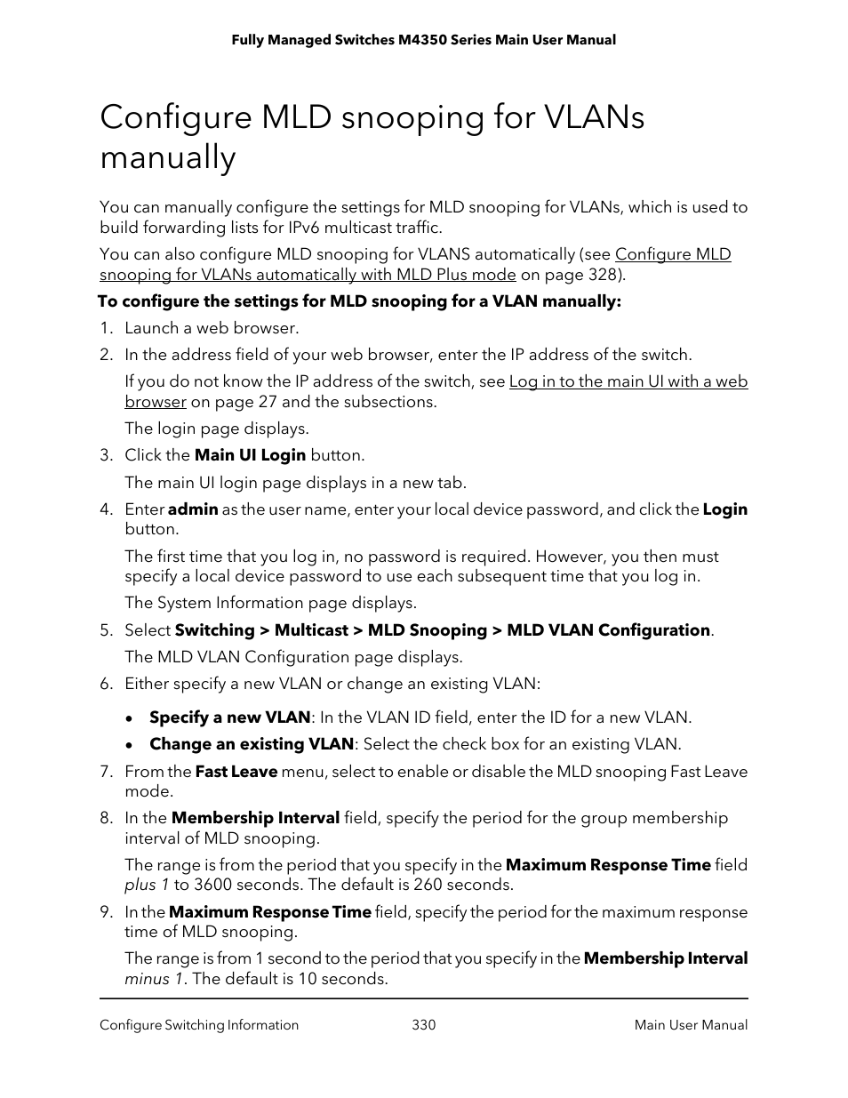 Configure mld snooping for vlans manually | NETGEAR M4350-24F4V 24-Port 10G SFP+ Managed AV Network Switch User Manual | Page 330 / 971