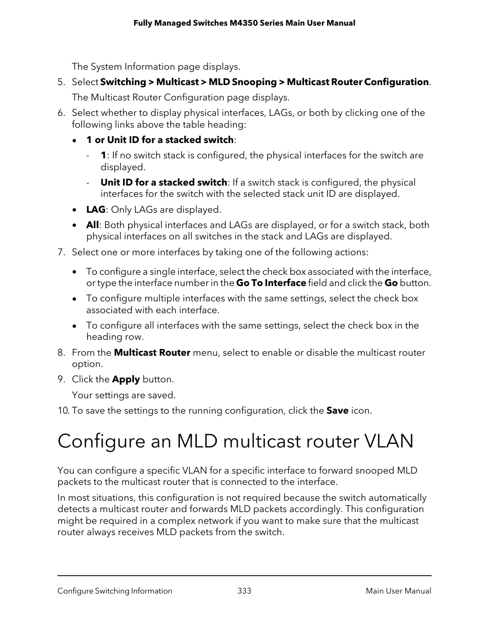 Configure an mld multicast router vlan | NETGEAR M4350-24F4V 24-Port 10G SFP+ Managed AV Network Switch User Manual | Page 333 / 971