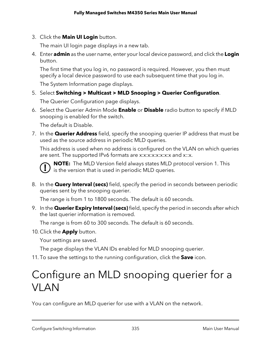 Configure an mld snooping querier for a vlan | NETGEAR M4350-24F4V 24-Port 10G SFP+ Managed AV Network Switch User Manual | Page 335 / 971