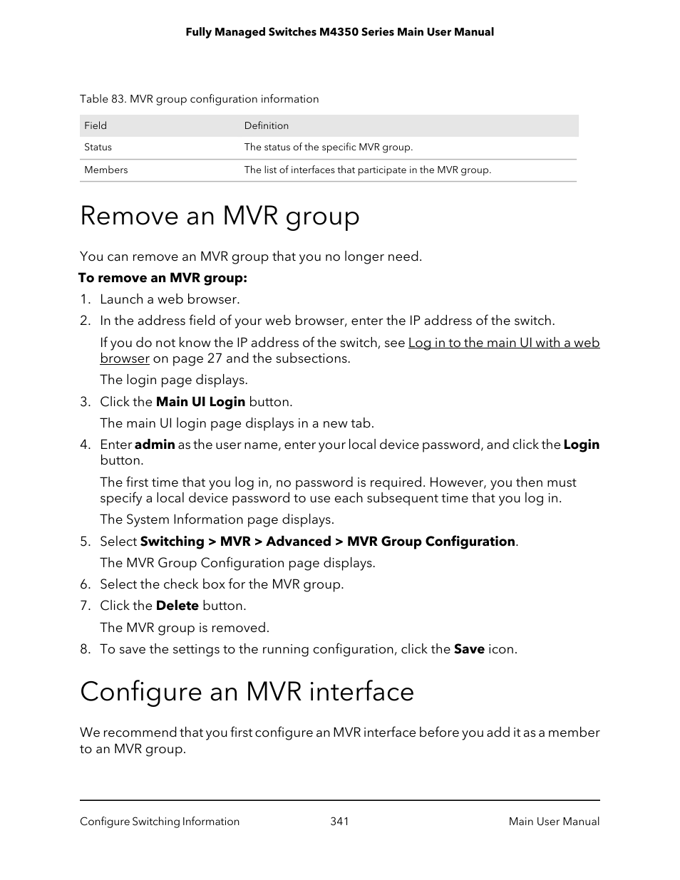 Remove an mvr group, Configure an mvr interface, Remove an mvr group configure an mvr interface | NETGEAR M4350-24F4V 24-Port 10G SFP+ Managed AV Network Switch User Manual | Page 341 / 971