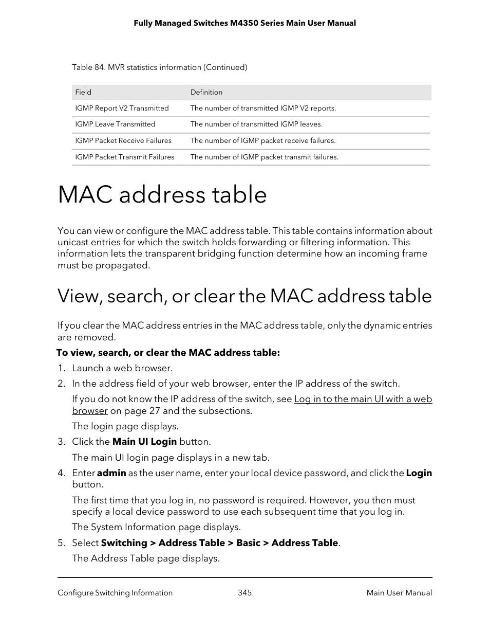 Mac address table, View, search, or clear the mac address table | NETGEAR M4350-24F4V 24-Port 10G SFP+ Managed AV Network Switch User Manual | Page 345 / 971