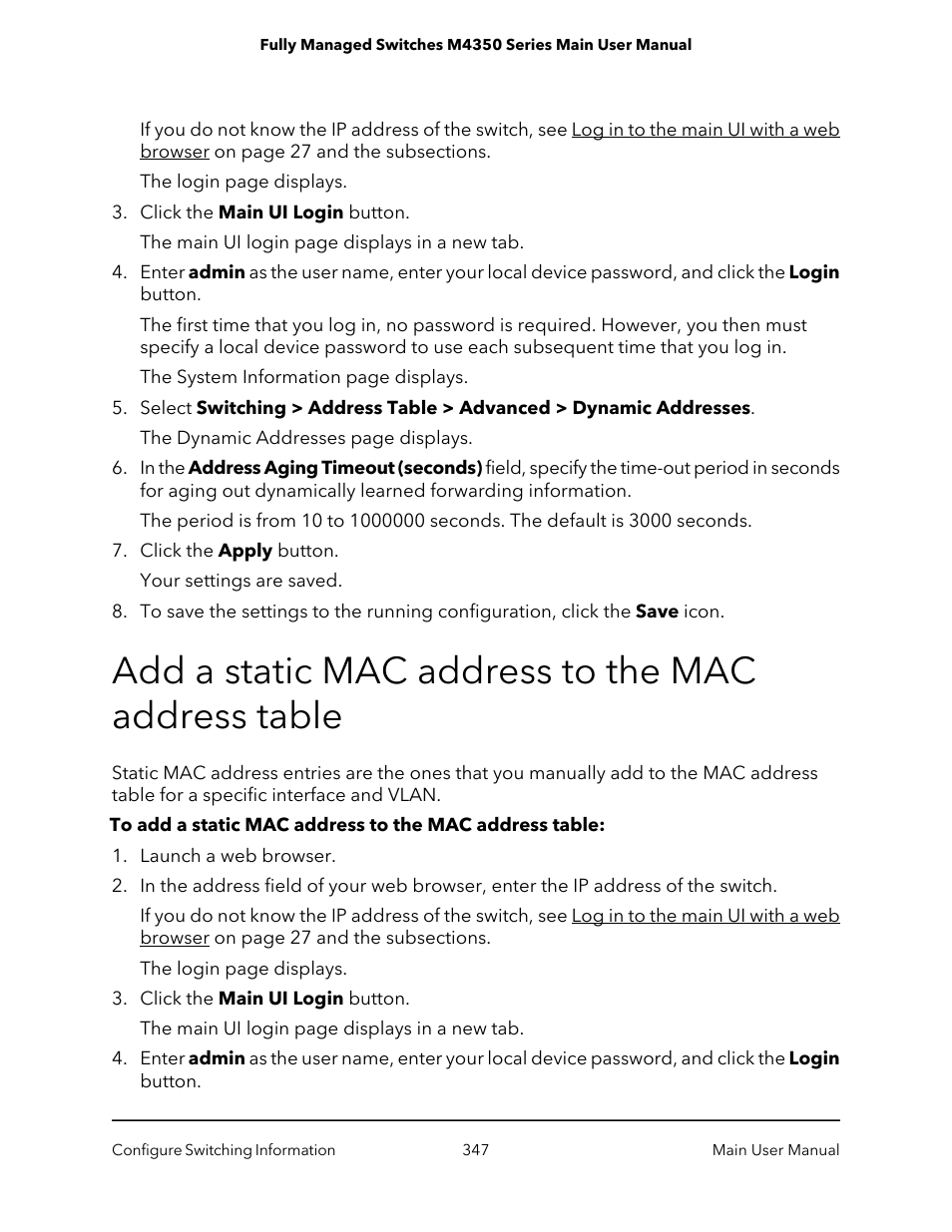 Add a static mac address to the mac address table | NETGEAR M4350-24F4V 24-Port 10G SFP+ Managed AV Network Switch User Manual | Page 347 / 971