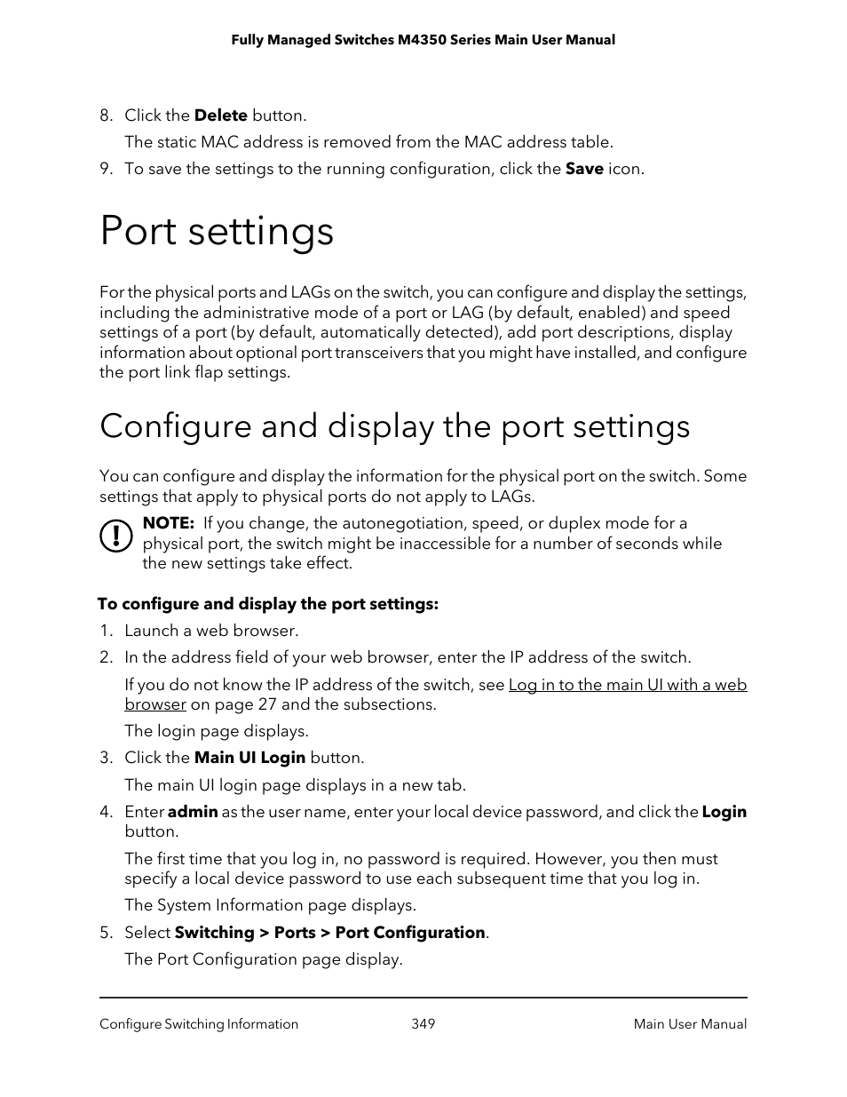 Port settings, Configure and display the port settings | NETGEAR M4350-24F4V 24-Port 10G SFP+ Managed AV Network Switch User Manual | Page 349 / 971