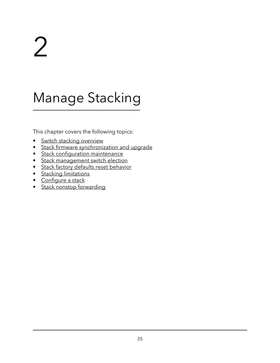 Manage stacking, Chapter 2 manage stacking | NETGEAR M4350-24F4V 24-Port 10G SFP+ Managed AV Network Switch User Manual | Page 35 / 971