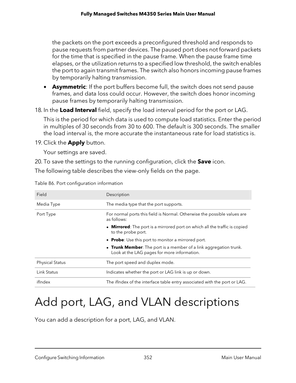 Add port, lag, and vlan descriptions | NETGEAR M4350-24F4V 24-Port 10G SFP+ Managed AV Network Switch User Manual | Page 352 / 971