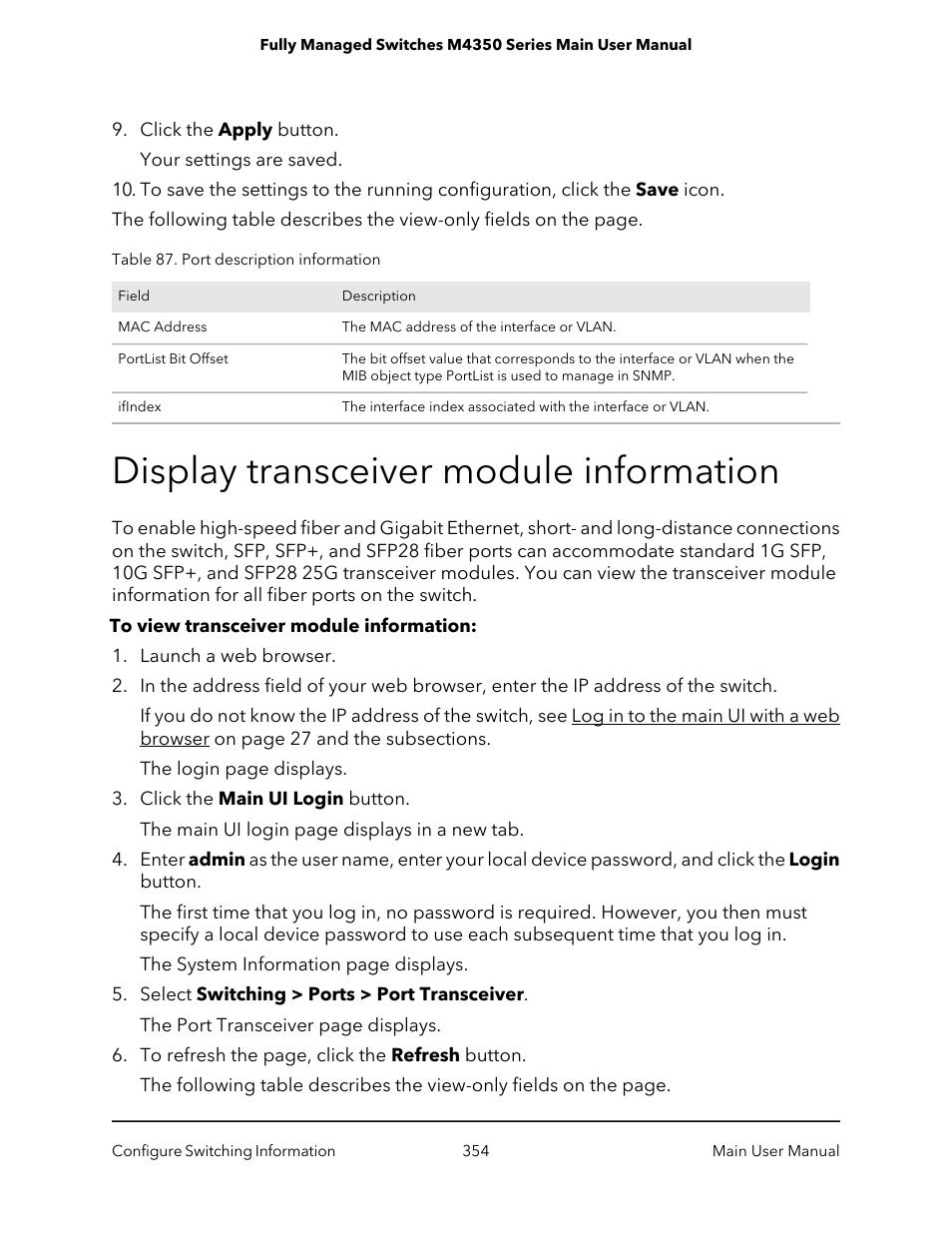 Display transceiver module information | NETGEAR M4350-24F4V 24-Port 10G SFP+ Managed AV Network Switch User Manual | Page 354 / 971