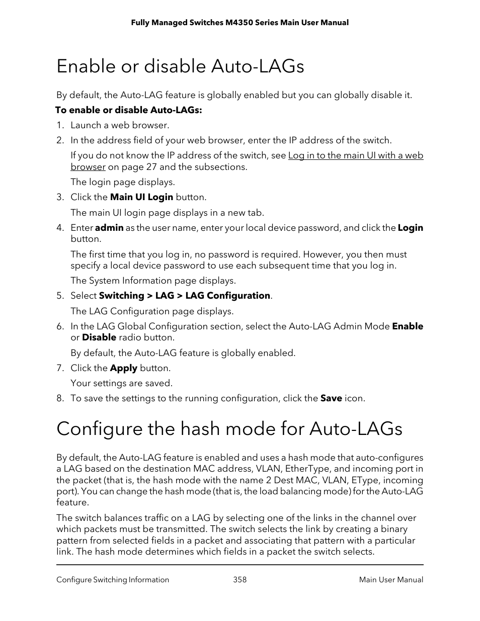 Enable or disable auto-lags, Configure the hash mode for auto-lags | NETGEAR M4350-24F4V 24-Port 10G SFP+ Managed AV Network Switch User Manual | Page 358 / 971