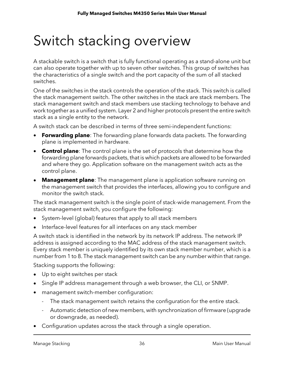 Switch stacking overview | NETGEAR M4350-24F4V 24-Port 10G SFP+ Managed AV Network Switch User Manual | Page 36 / 971