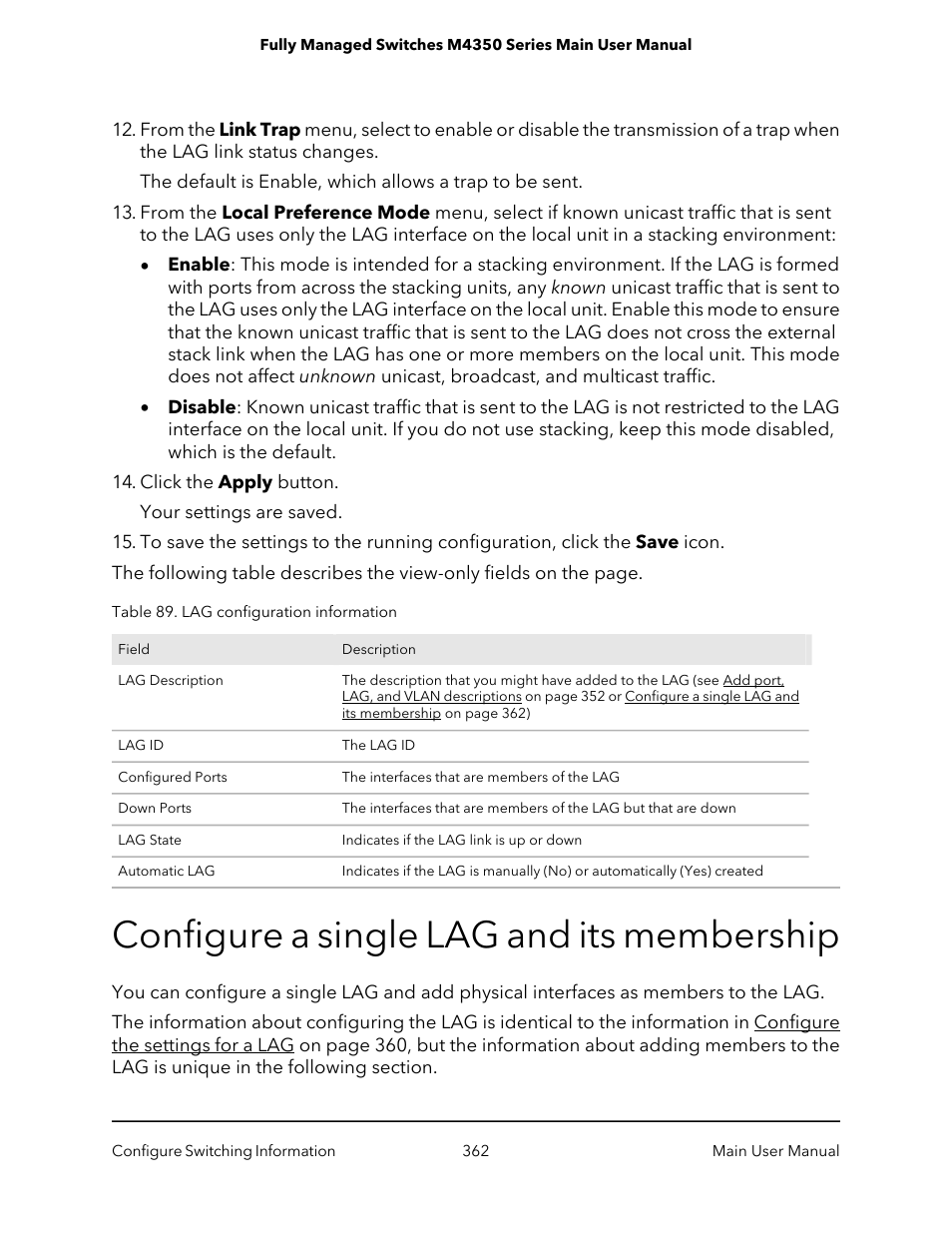 Configure a single lag and its membership | NETGEAR M4350-24F4V 24-Port 10G SFP+ Managed AV Network Switch User Manual | Page 362 / 971