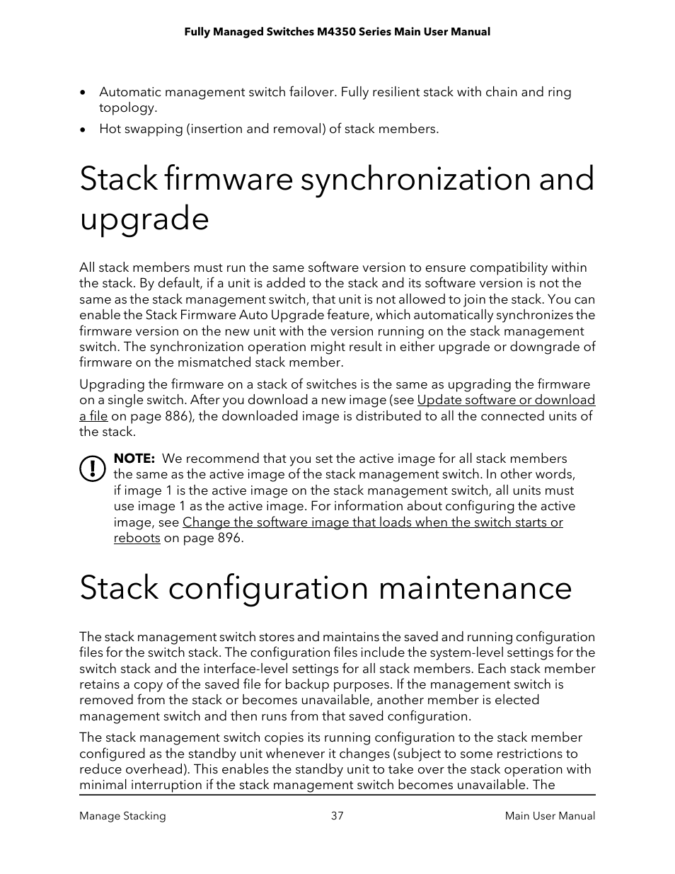 Stack firmware synchronization and upgrade, Stack configuration maintenance | NETGEAR M4350-24F4V 24-Port 10G SFP+ Managed AV Network Switch User Manual | Page 37 / 971