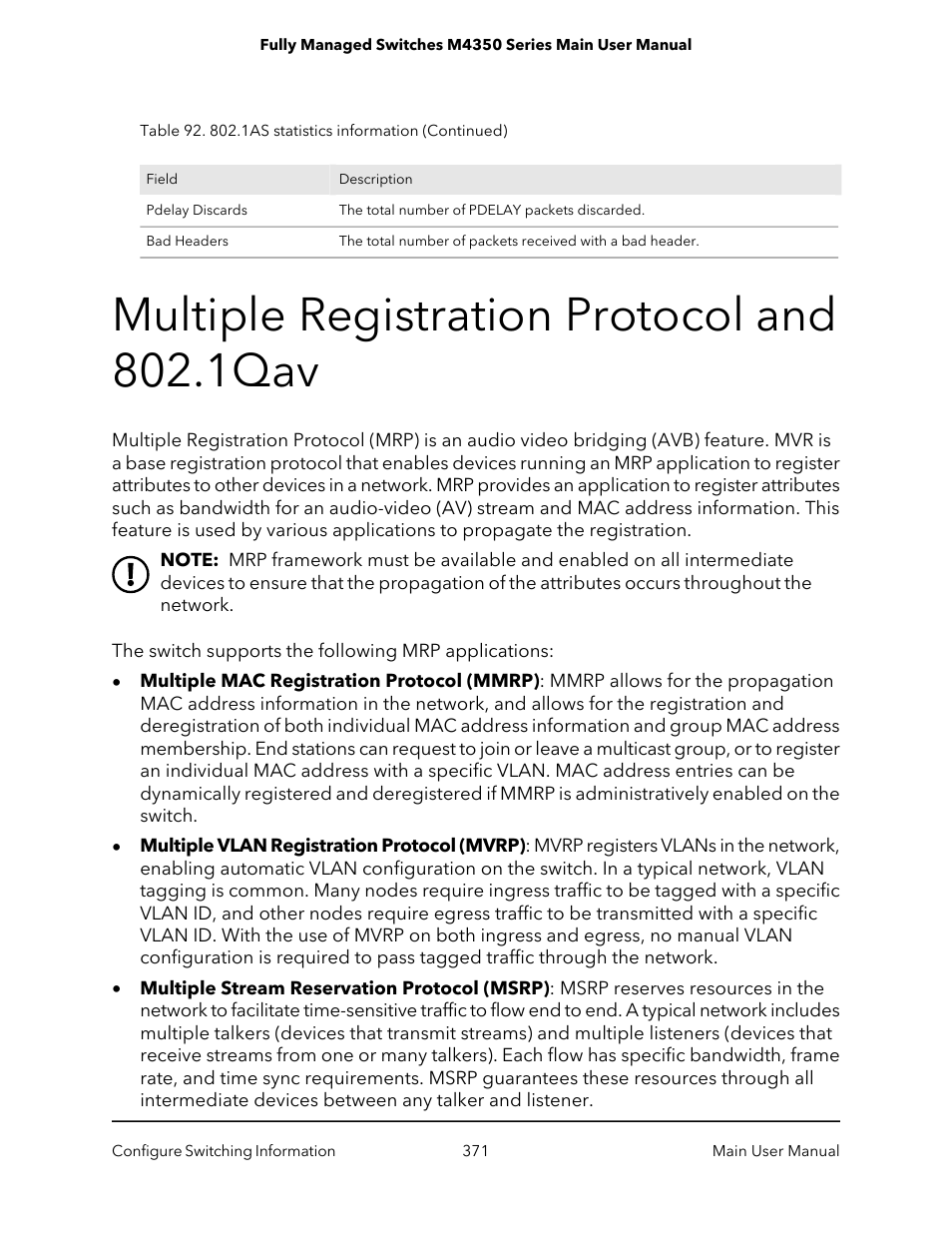 Multiple registration protocol and 802.1qav | NETGEAR M4350-24F4V 24-Port 10G SFP+ Managed AV Network Switch User Manual | Page 371 / 971