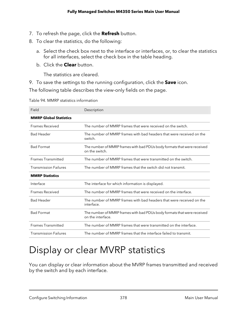 Display or clear mvrp statistics | NETGEAR M4350-24F4V 24-Port 10G SFP+ Managed AV Network Switch User Manual | Page 378 / 971