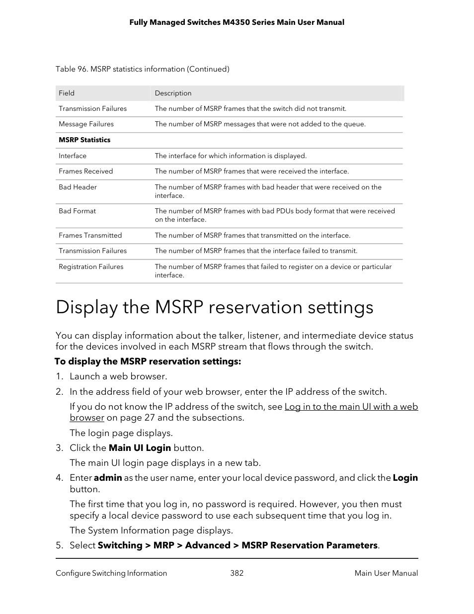 Display the msrp reservation settings | NETGEAR M4350-24F4V 24-Port 10G SFP+ Managed AV Network Switch User Manual | Page 382 / 971