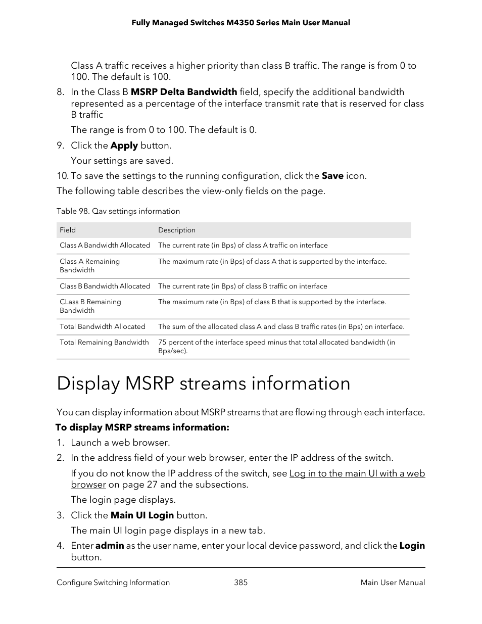 Display msrp streams information | NETGEAR M4350-24F4V 24-Port 10G SFP+ Managed AV Network Switch User Manual | Page 385 / 971