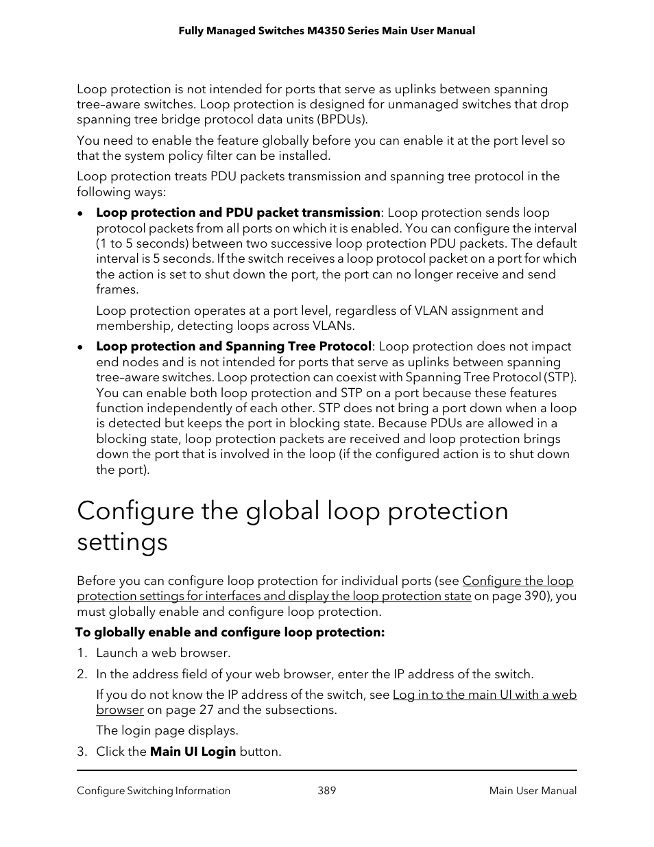 Configure the global loop protection settings | NETGEAR M4350-24F4V 24-Port 10G SFP+ Managed AV Network Switch User Manual | Page 389 / 971