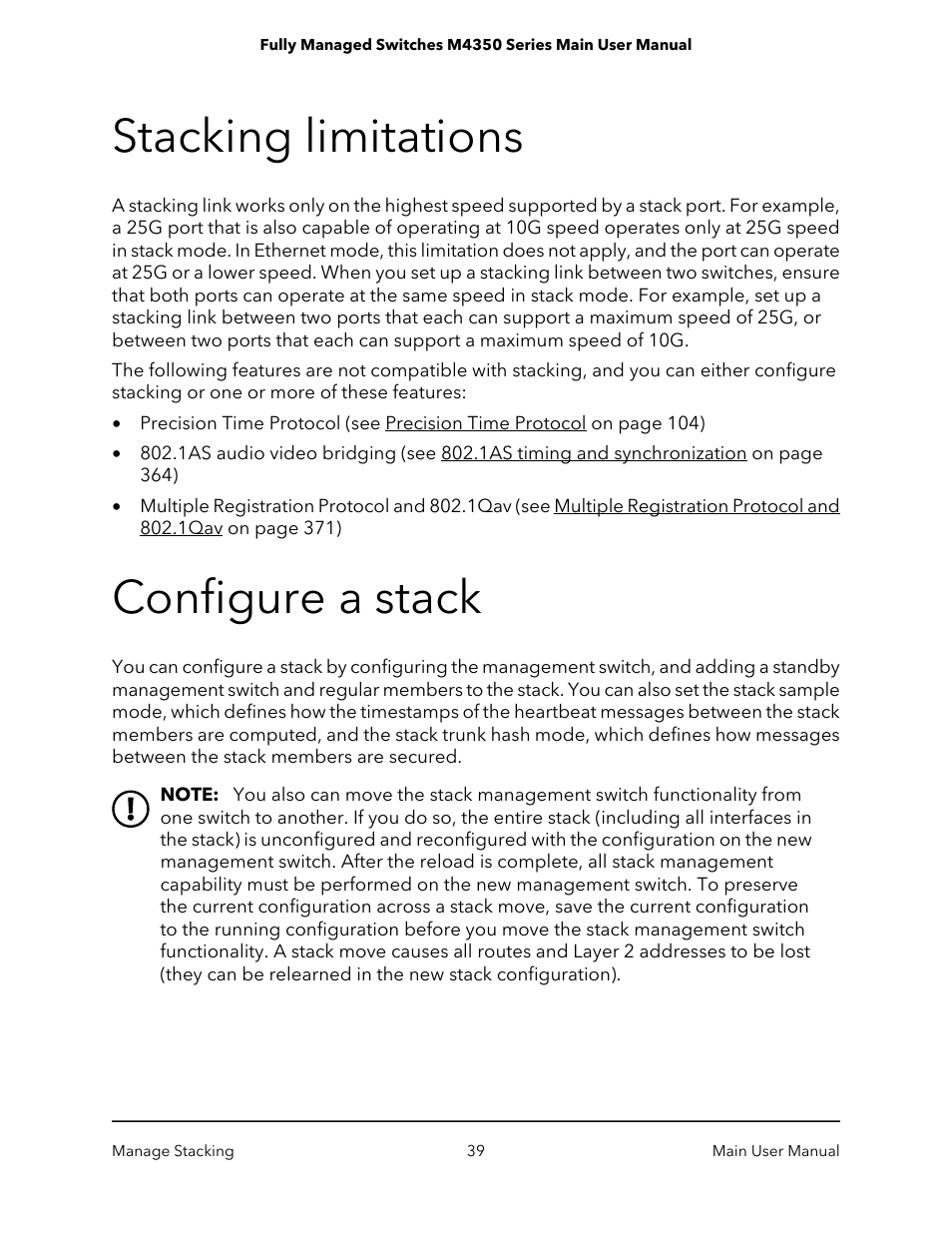 Stacking limitations, Configure a stack, Stacking limitations configure a stack | NETGEAR M4350-24F4V 24-Port 10G SFP+ Managed AV Network Switch User Manual | Page 39 / 971