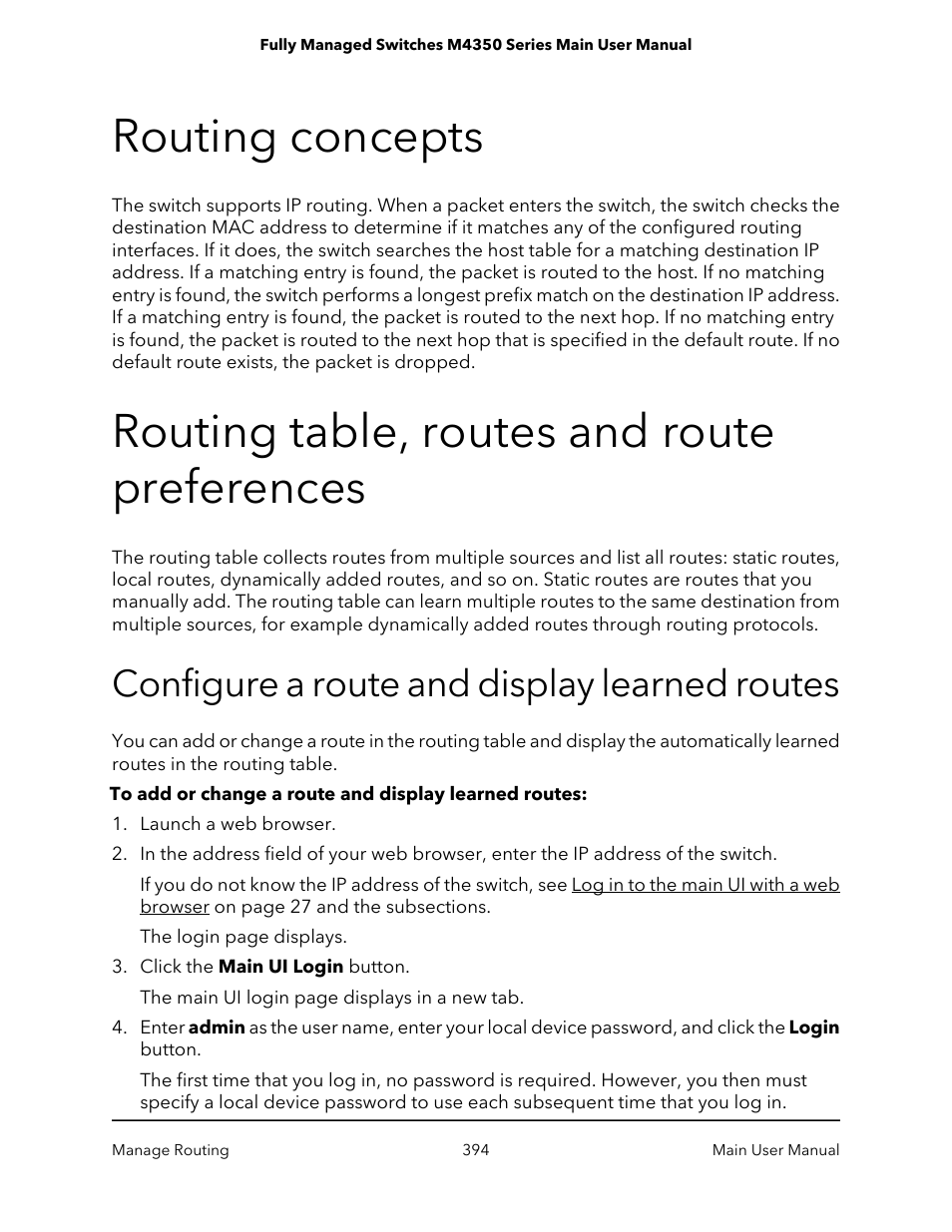 Routing concepts, Routing table, routes and route preferences, Configure a route and display learned routes | NETGEAR M4350-24F4V 24-Port 10G SFP+ Managed AV Network Switch User Manual | Page 394 / 971