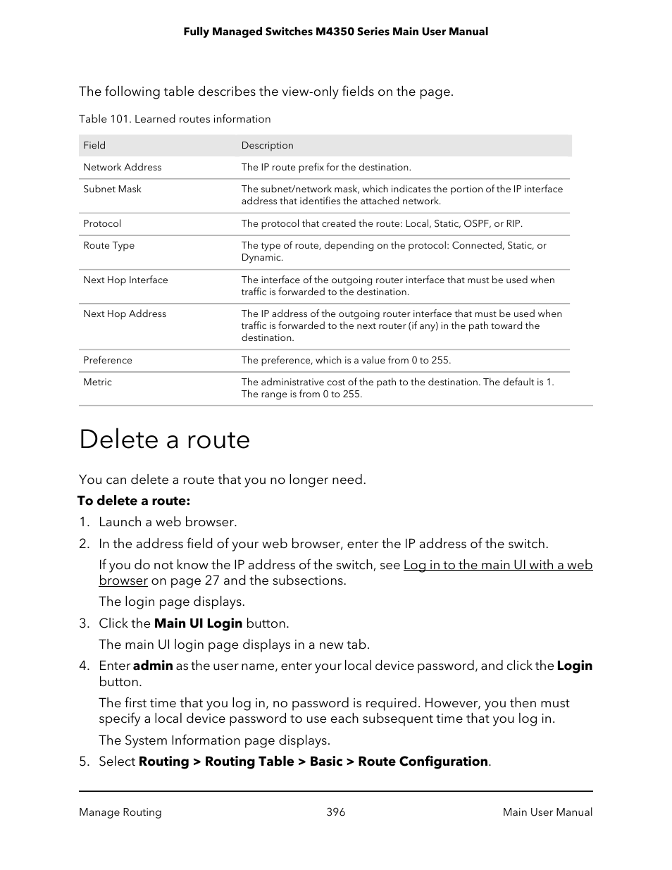 Delete a route | NETGEAR M4350-24F4V 24-Port 10G SFP+ Managed AV Network Switch User Manual | Page 396 / 971