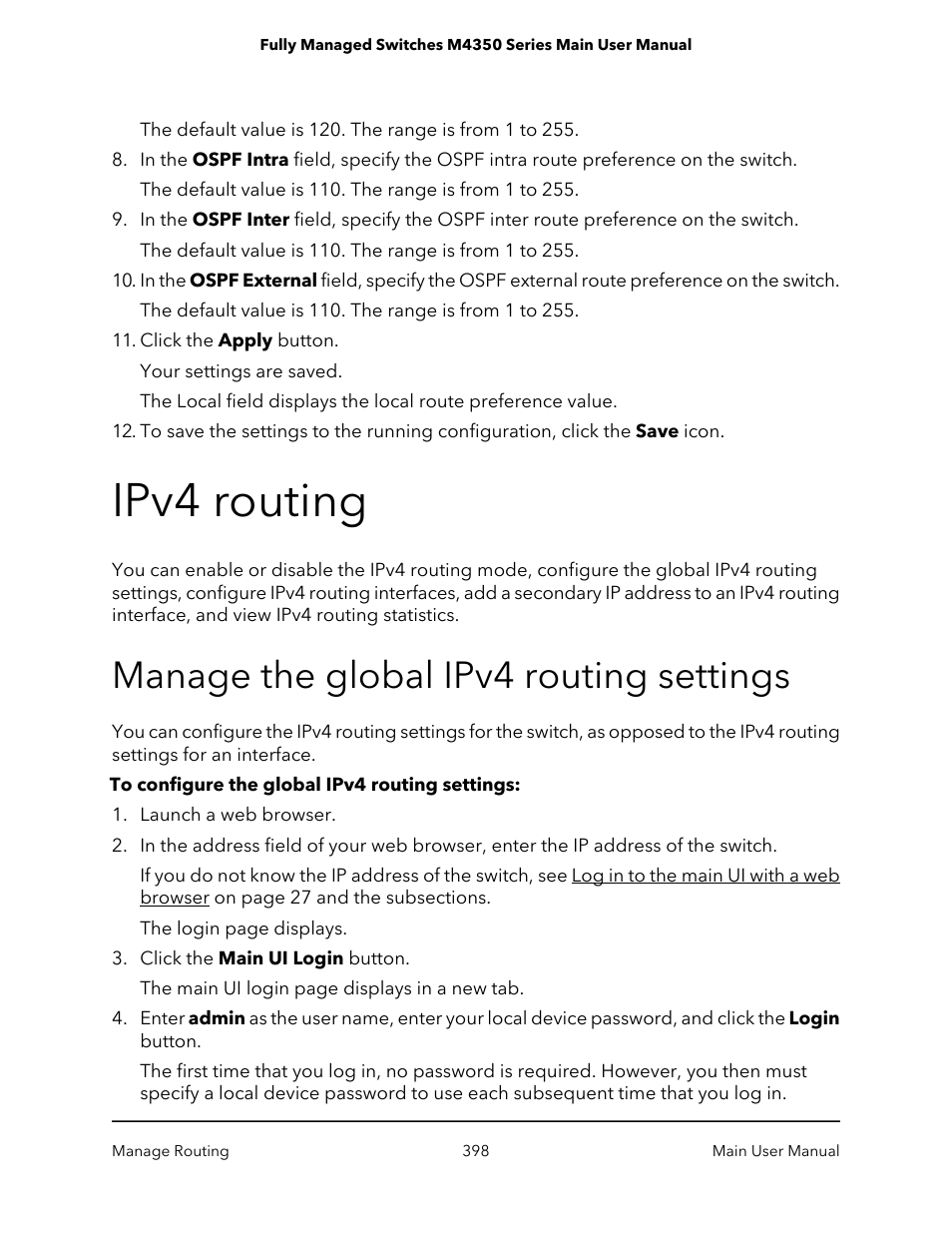 Ipv4 routing, Manage the global ipv4 routing settings | NETGEAR M4350-24F4V 24-Port 10G SFP+ Managed AV Network Switch User Manual | Page 398 / 971