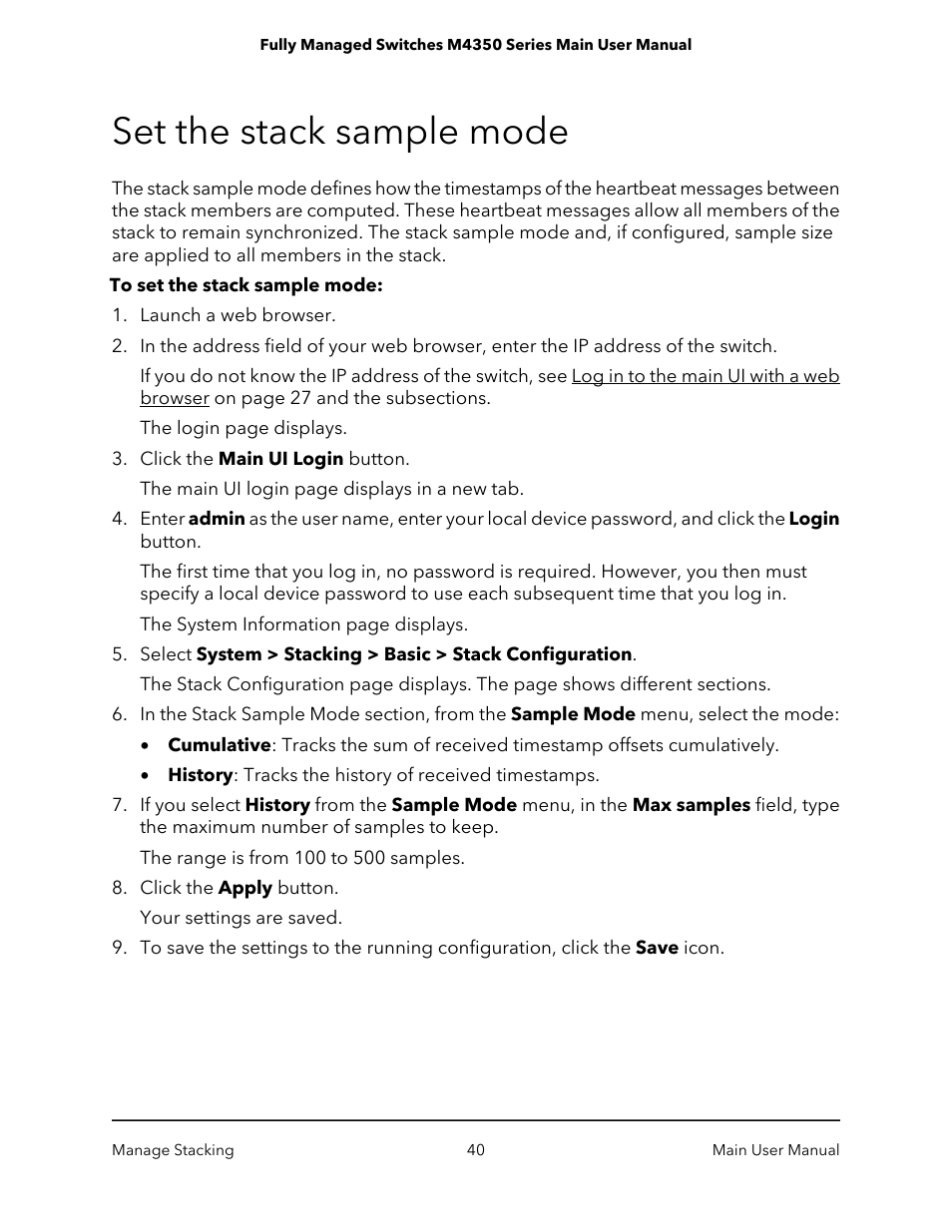 Set the stack sample mode | NETGEAR M4350-24F4V 24-Port 10G SFP+ Managed AV Network Switch User Manual | Page 40 / 971