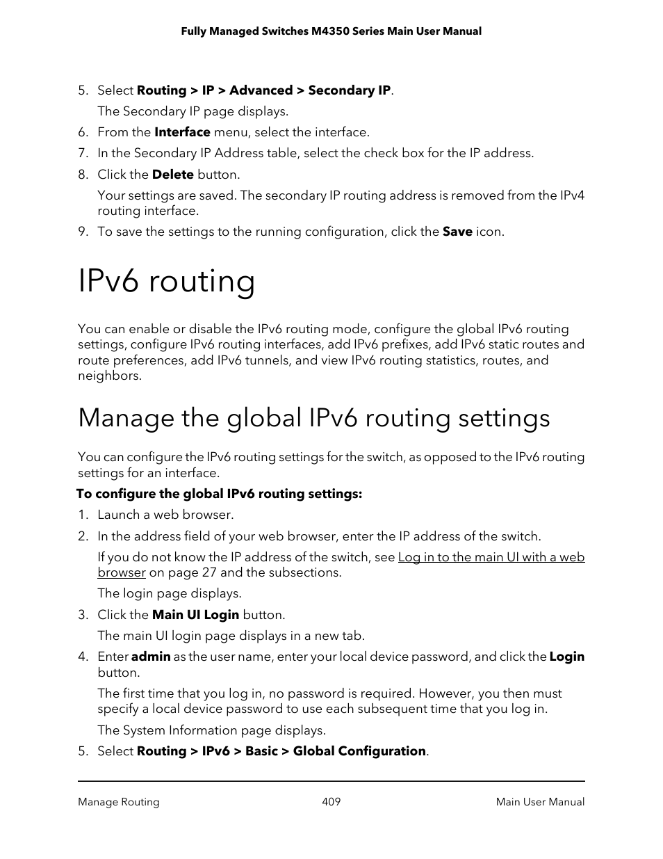 Ipv6 routing, Manage the global ipv6 routing settings | NETGEAR M4350-24F4V 24-Port 10G SFP+ Managed AV Network Switch User Manual | Page 409 / 971