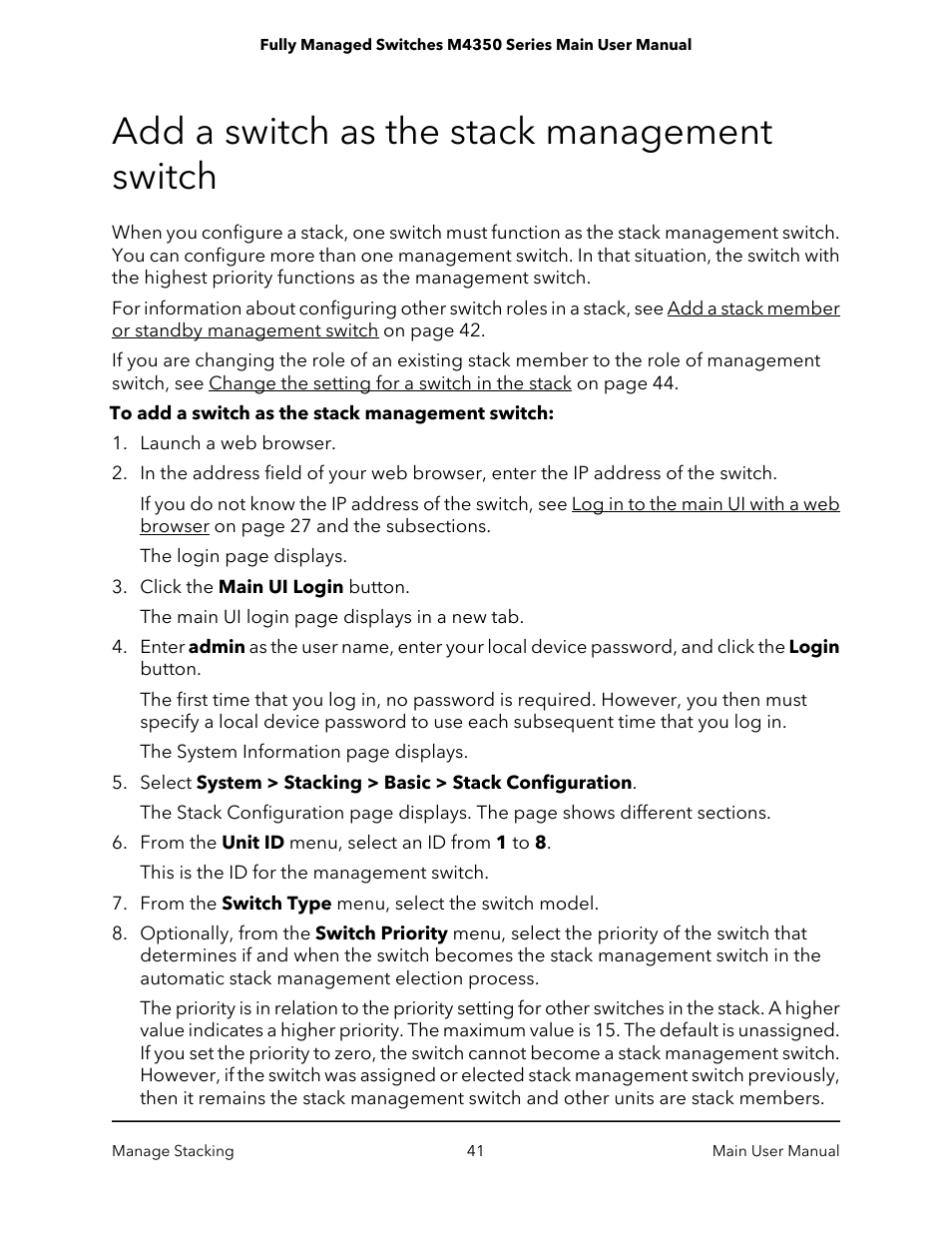 Add a switch as the stack management switch | NETGEAR M4350-24F4V 24-Port 10G SFP+ Managed AV Network Switch User Manual | Page 41 / 971