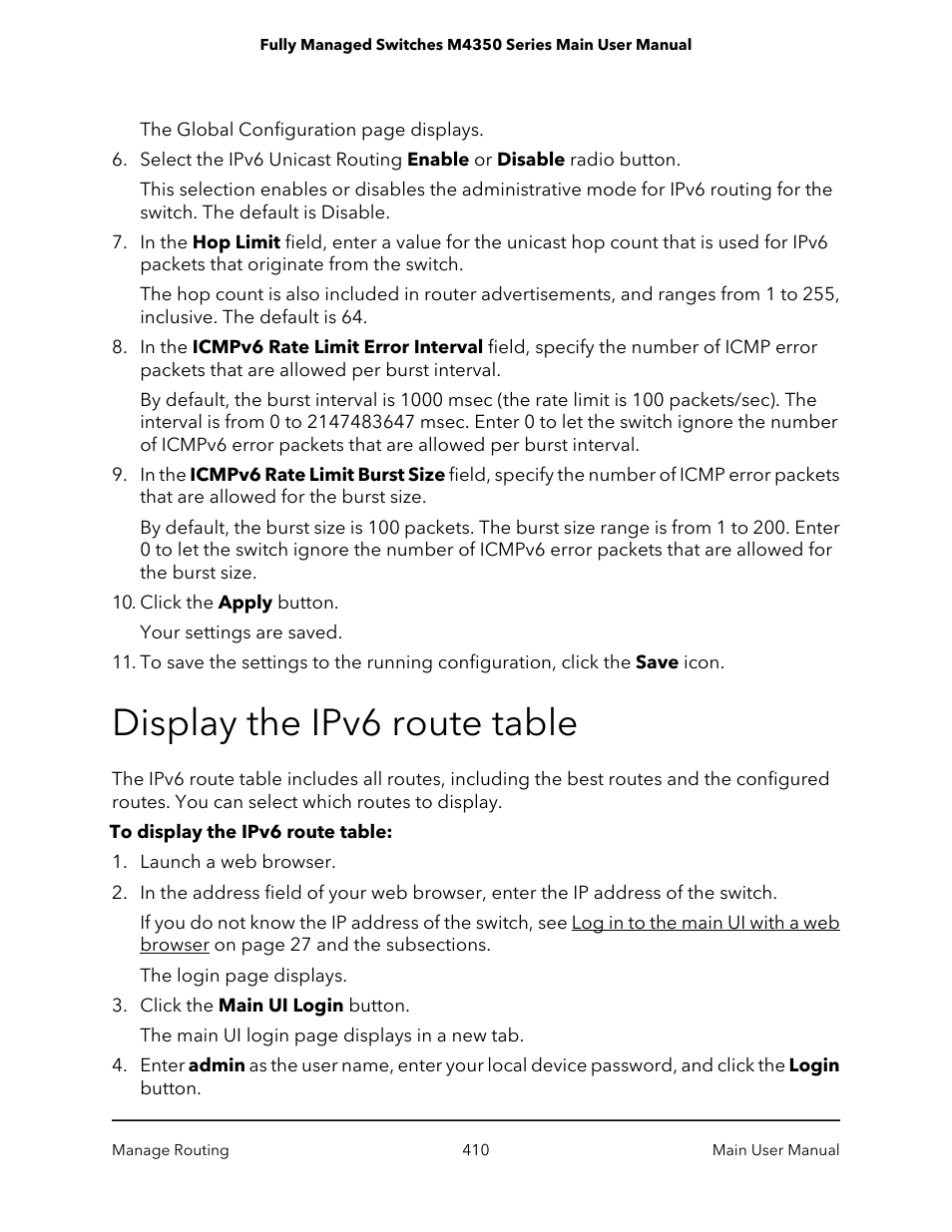 Display the ipv6 route table | NETGEAR M4350-24F4V 24-Port 10G SFP+ Managed AV Network Switch User Manual | Page 410 / 971