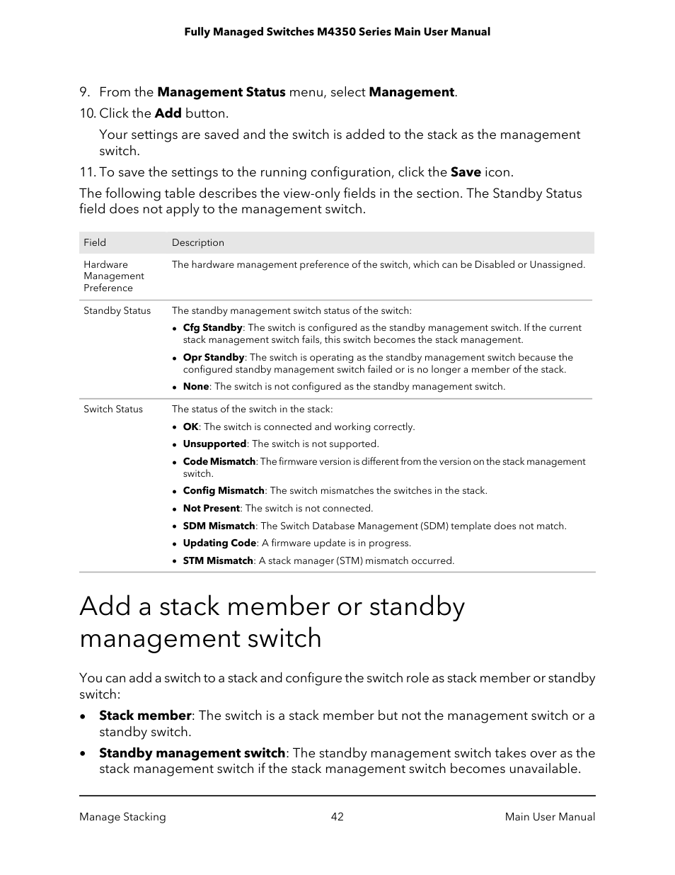 Add a stack member or standby management switch | NETGEAR M4350-24F4V 24-Port 10G SFP+ Managed AV Network Switch User Manual | Page 42 / 971