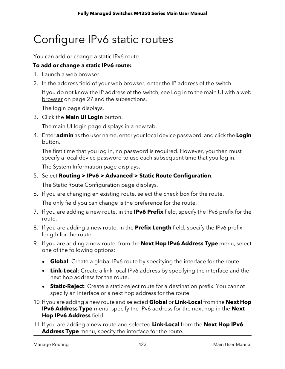 Configure ipv6 static routes | NETGEAR M4350-24F4V 24-Port 10G SFP+ Managed AV Network Switch User Manual | Page 423 / 971