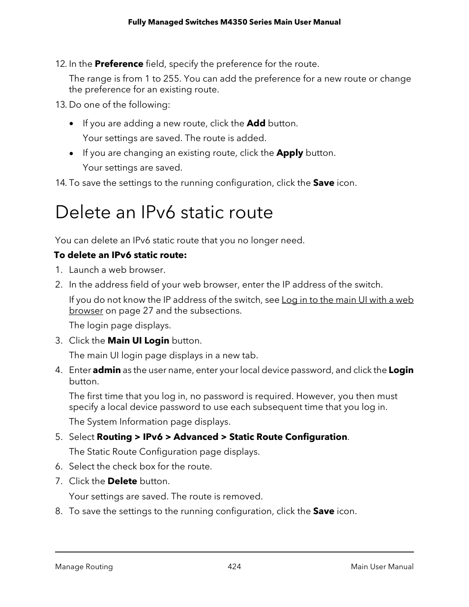 Delete an ipv6 static route | NETGEAR M4350-24F4V 24-Port 10G SFP+ Managed AV Network Switch User Manual | Page 424 / 971