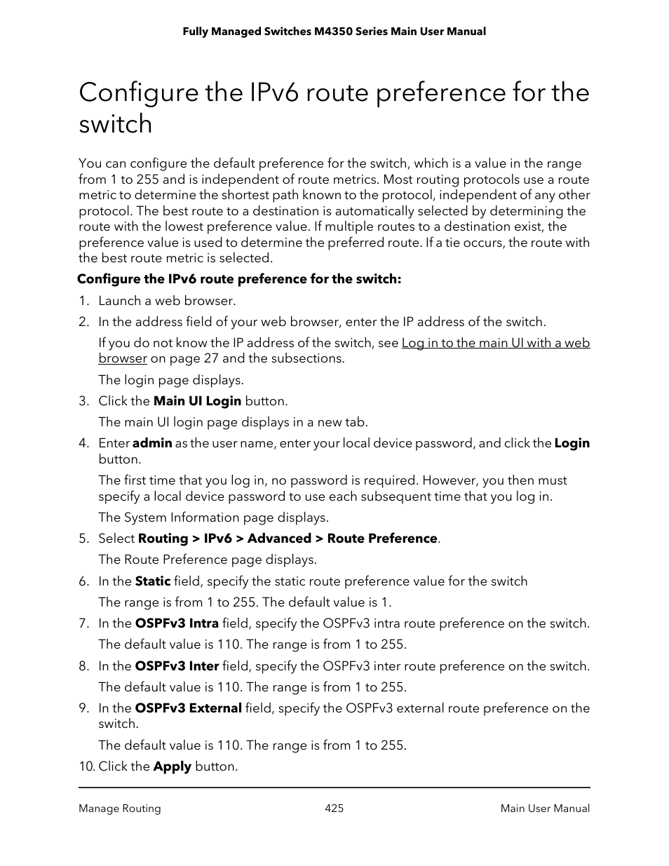 Configure the ipv6 route preference for the switch | NETGEAR M4350-24F4V 24-Port 10G SFP+ Managed AV Network Switch User Manual | Page 425 / 971