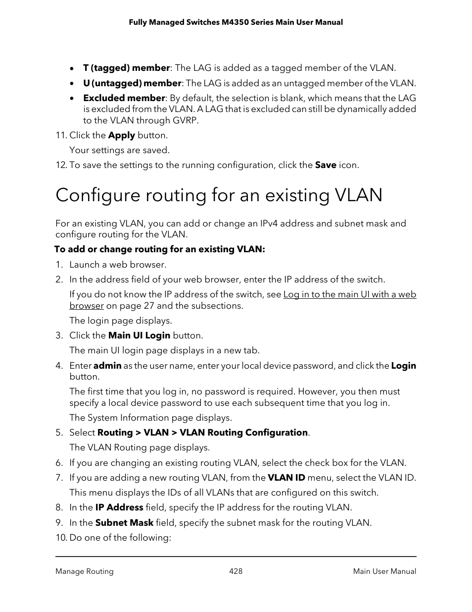 Configure routing for an existing vlan | NETGEAR M4350-24F4V 24-Port 10G SFP+ Managed AV Network Switch User Manual | Page 428 / 971