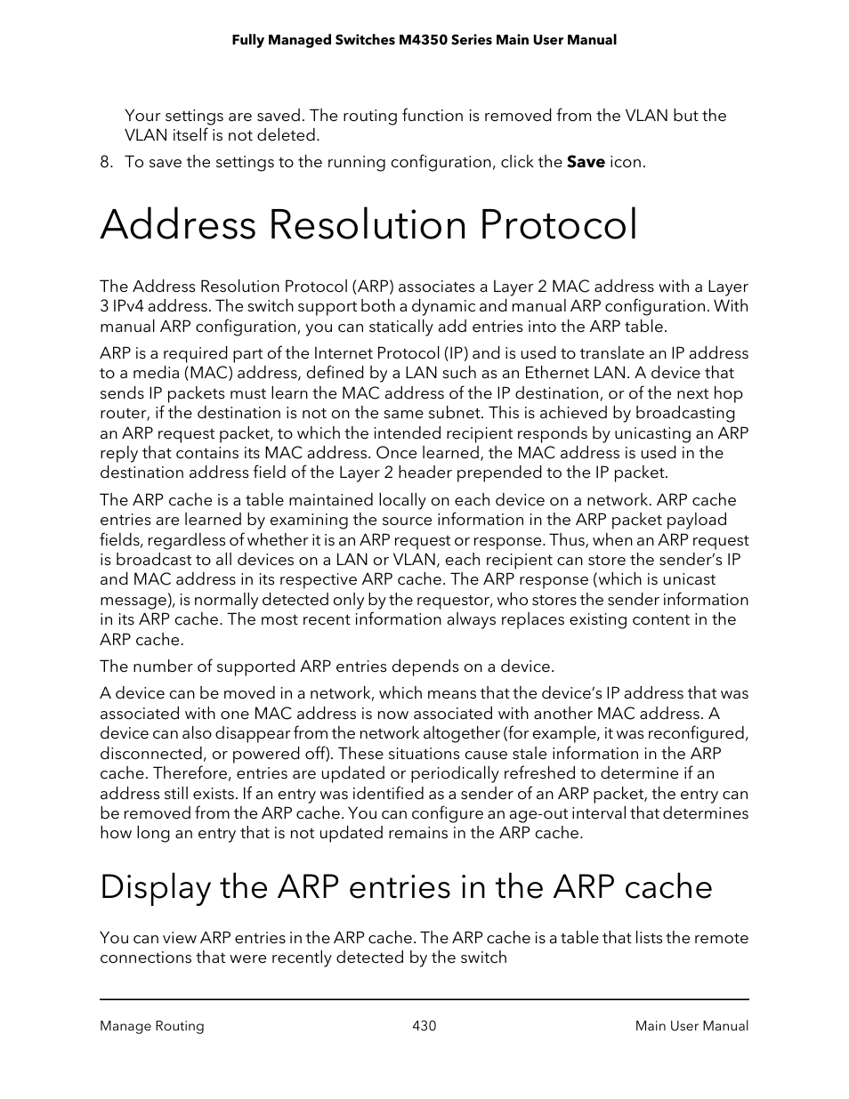 Address resolution protocol, Display the arp entries in the arp cache | NETGEAR M4350-24F4V 24-Port 10G SFP+ Managed AV Network Switch User Manual | Page 430 / 971