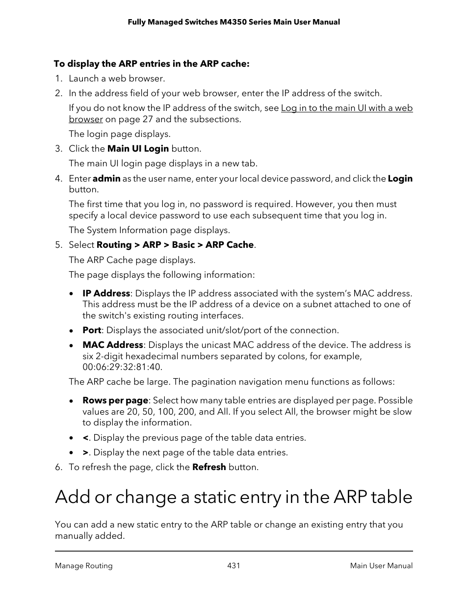 Add or change a static entry in the arp table | NETGEAR M4350-24F4V 24-Port 10G SFP+ Managed AV Network Switch User Manual | Page 431 / 971