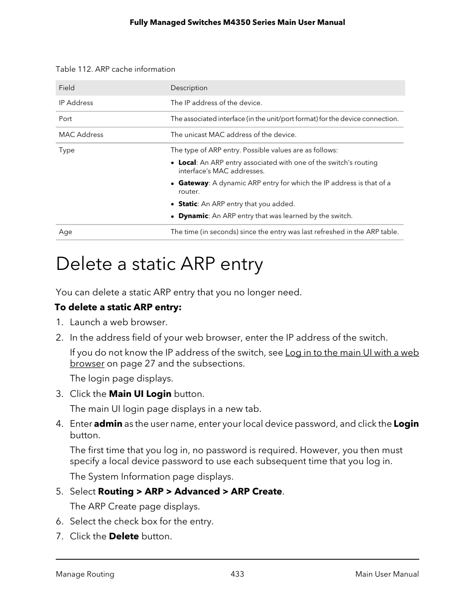 Delete a static arp entry | NETGEAR M4350-24F4V 24-Port 10G SFP+ Managed AV Network Switch User Manual | Page 433 / 971