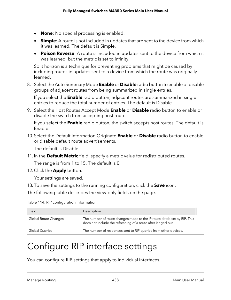 Configure rip interface settings | NETGEAR M4350-24F4V 24-Port 10G SFP+ Managed AV Network Switch User Manual | Page 438 / 971