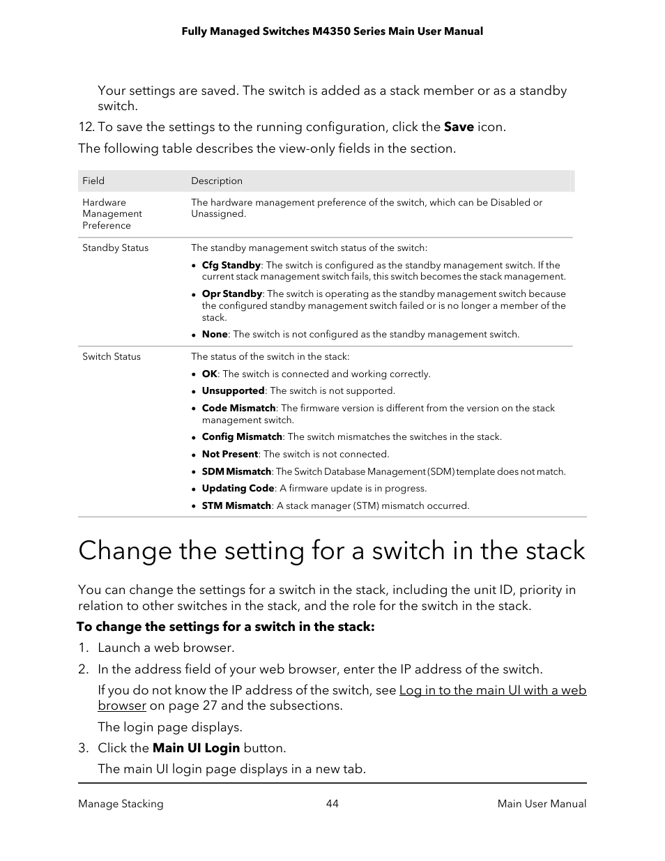 Change the setting for a switch in the stack | NETGEAR M4350-24F4V 24-Port 10G SFP+ Managed AV Network Switch User Manual | Page 44 / 971