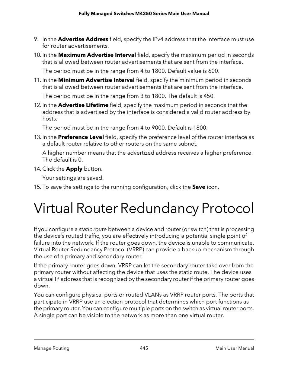 Virtual router redundancy protocol | NETGEAR M4350-24F4V 24-Port 10G SFP+ Managed AV Network Switch User Manual | Page 445 / 971