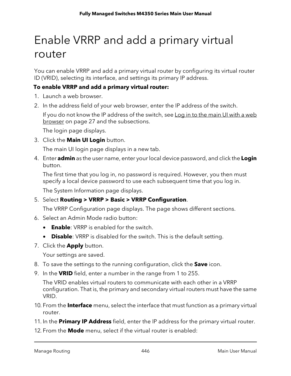 Enable vrrp and add a primary virtual router | NETGEAR M4350-24F4V 24-Port 10G SFP+ Managed AV Network Switch User Manual | Page 446 / 971