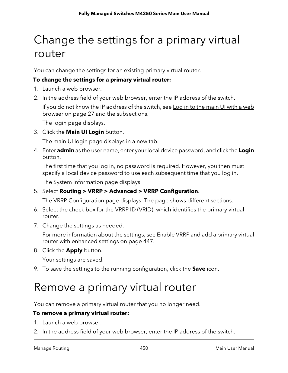 Change the settings for a primary virtual router, Remove a primary virtual router | NETGEAR M4350-24F4V 24-Port 10G SFP+ Managed AV Network Switch User Manual | Page 450 / 971